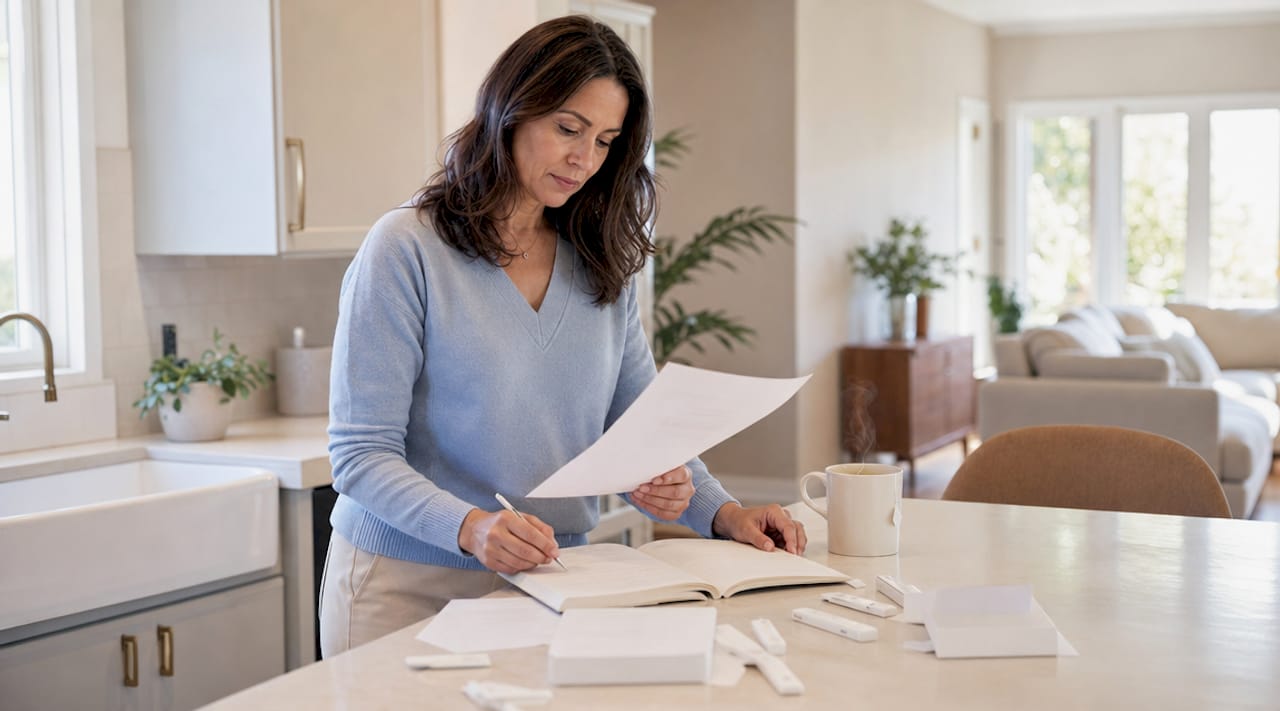 Woman preparing paternity test paperwork at home desk