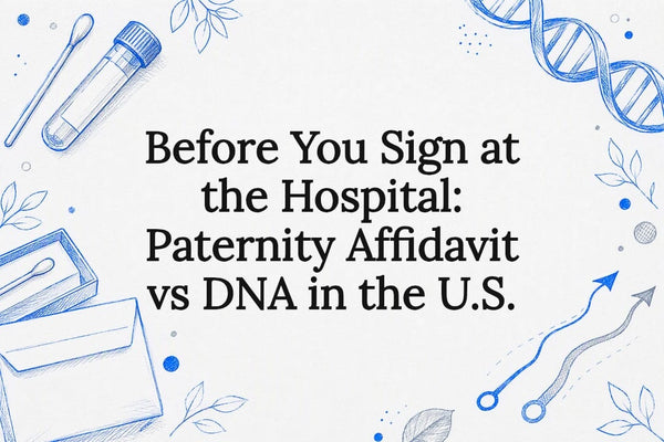 Paternity testing title card with swab and DNA