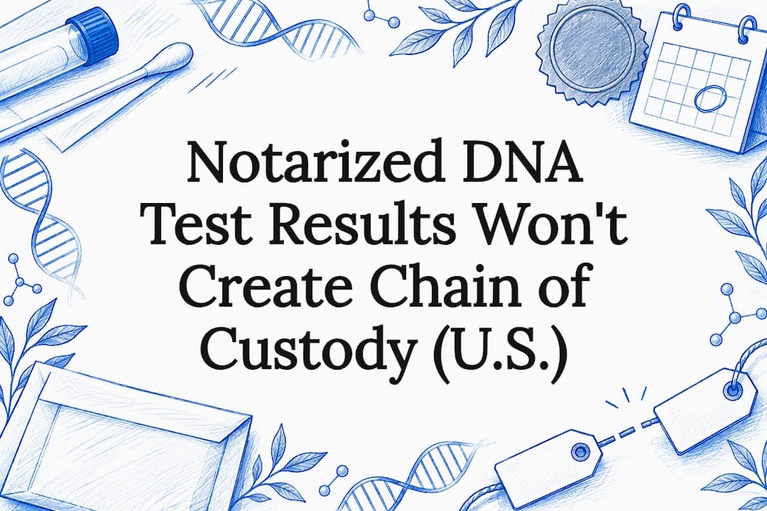 Title card with swab and custody symbols