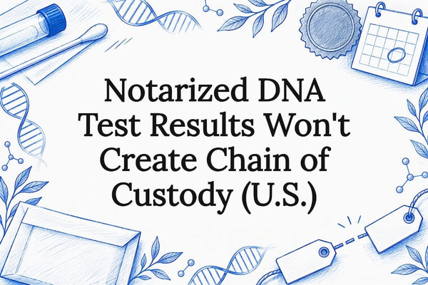 Title card with swab and custody symbols