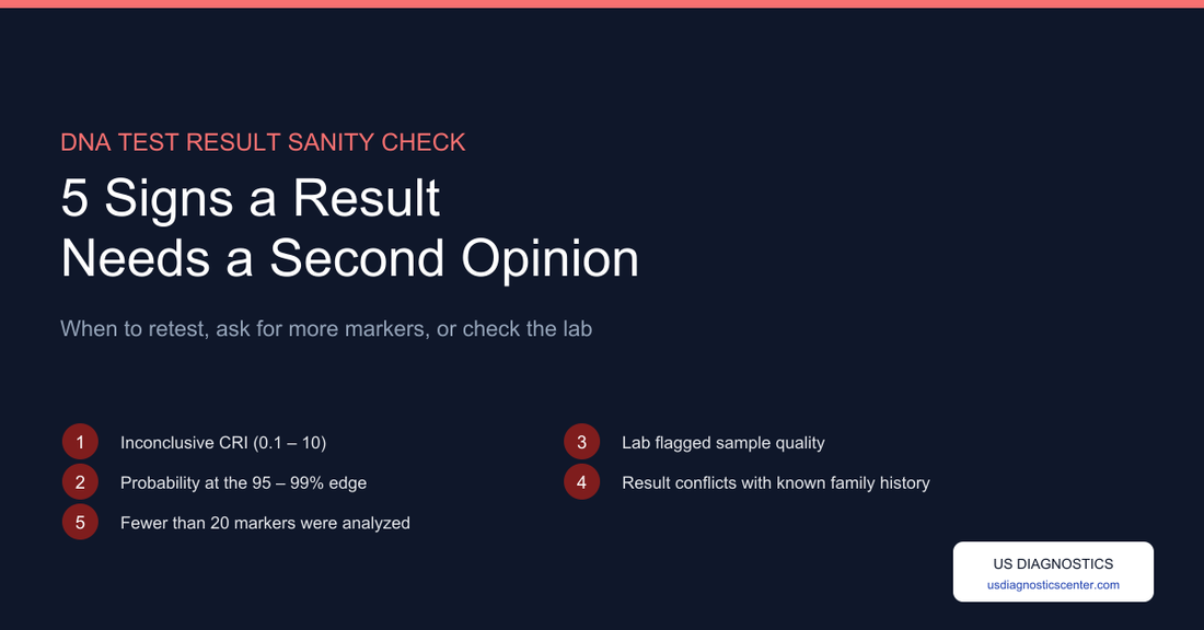 5 signs a DNA test result needs a second opinion — inconclusive CRI, borderline probability, flagged sample quality, family-history mismatch, and low marker count