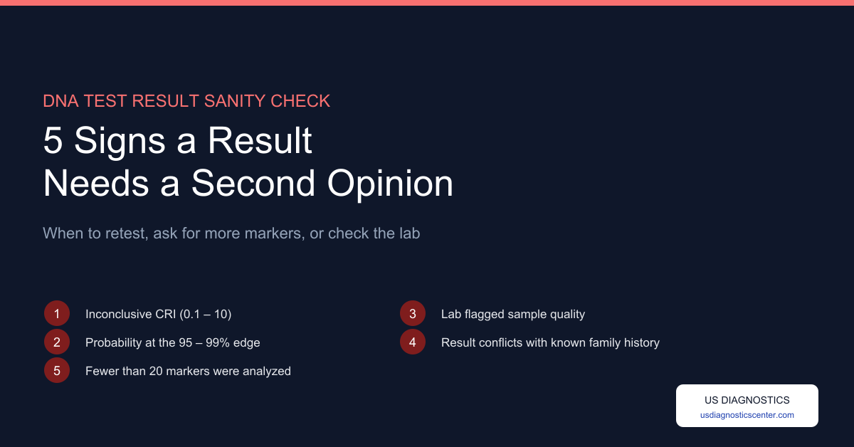 5 signs a DNA test result needs a second opinion — inconclusive CRI, borderline probability, flagged sample quality, family-history mismatch, and low marker count