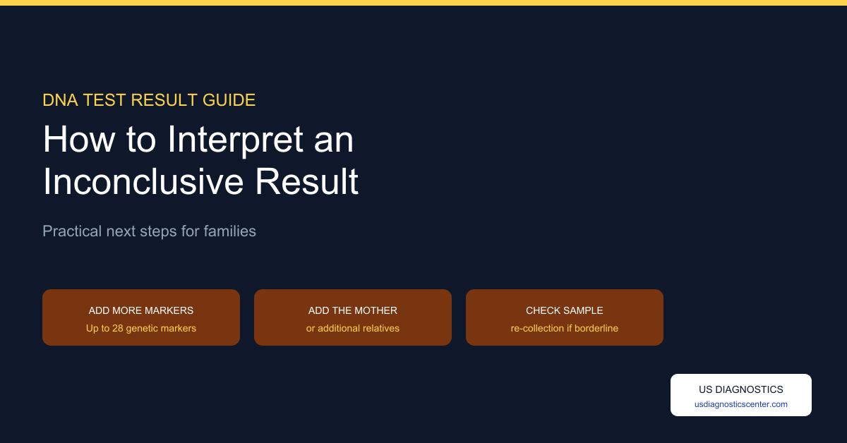 How to interpret an inconclusive DNA test result — practical next steps: add more markers up to 28, add the mother, test additional relatives, or check sample quality