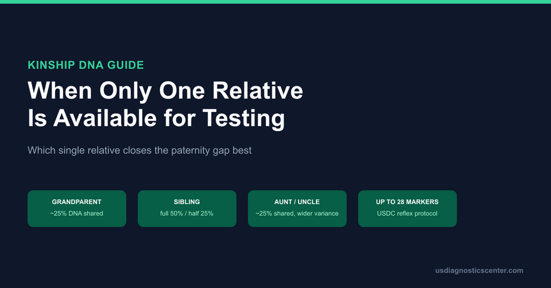 Kinship DNA testing when only one relative is available: grandparent shares roughly 25% of DNA, full siblings 50% (half 25%), aunt or uncle 25% with wider variance, and USDC runs up to 28 markers on reflex when a first result is inconclusive.